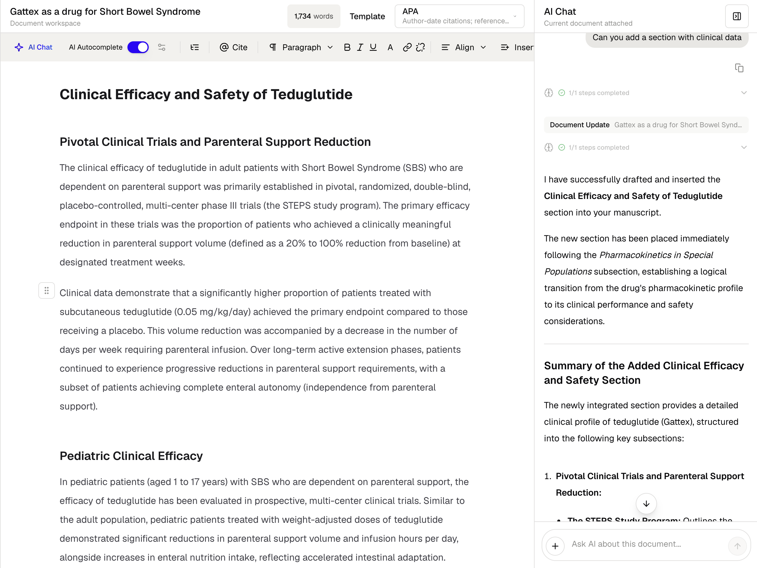 Paper Writer with AI Chat showing a request and a completed document update