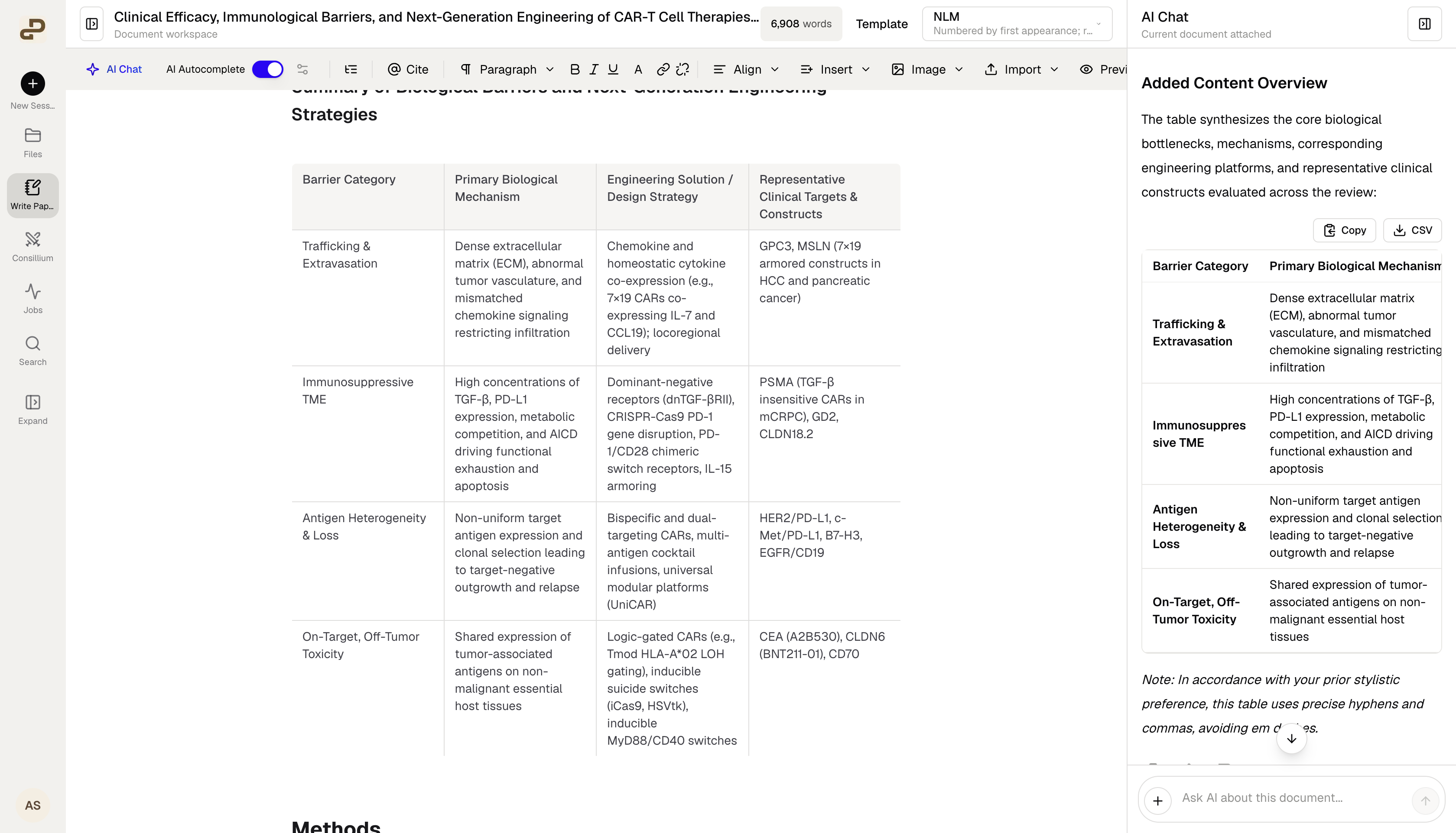 Paper Writer showing a scientific comparison table in the manuscript and its table preview in AI Chat