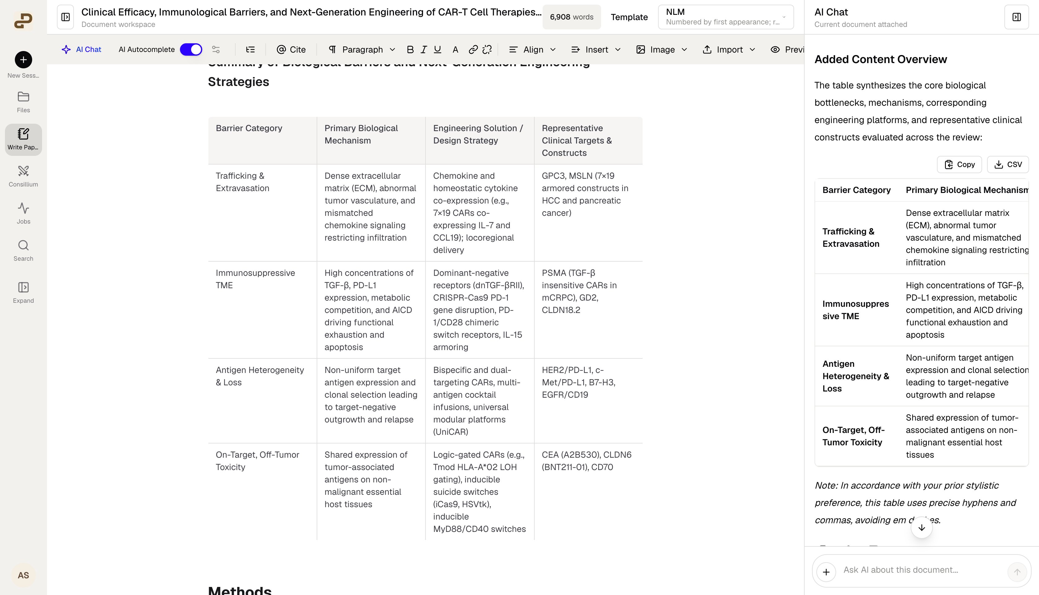 Paper Writer showing a scientific comparison table in the manuscript and its table preview in AI Chat