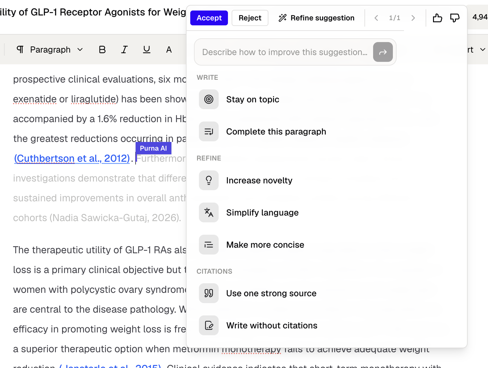 AI Autocomplete refinement menu with writing and citation options