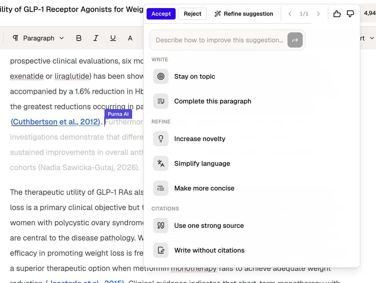 AI Autocomplete refinement menu with writing and citation options