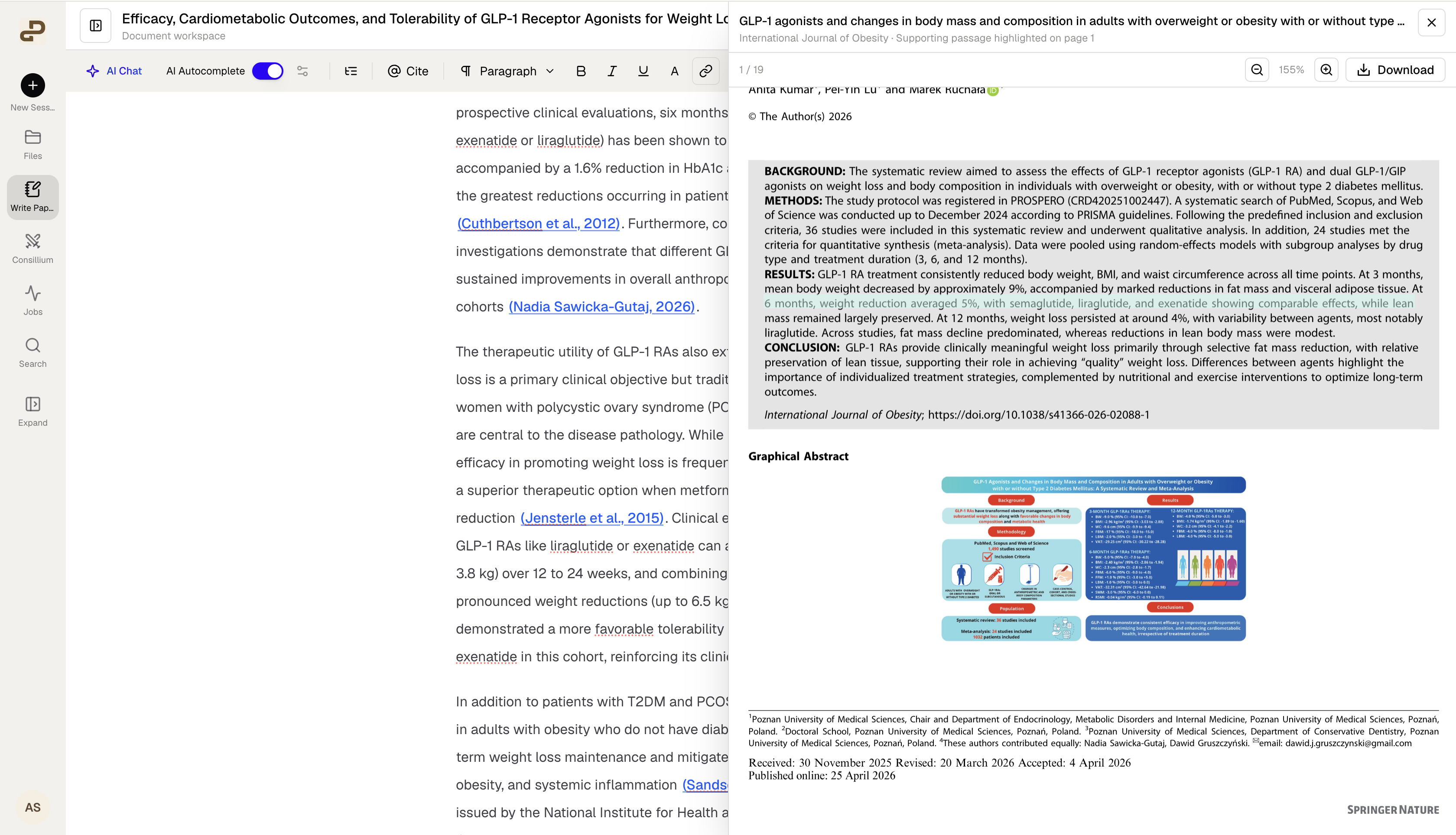 Paper Writer showing a manuscript beside a source PDF with the supporting passage highlighted