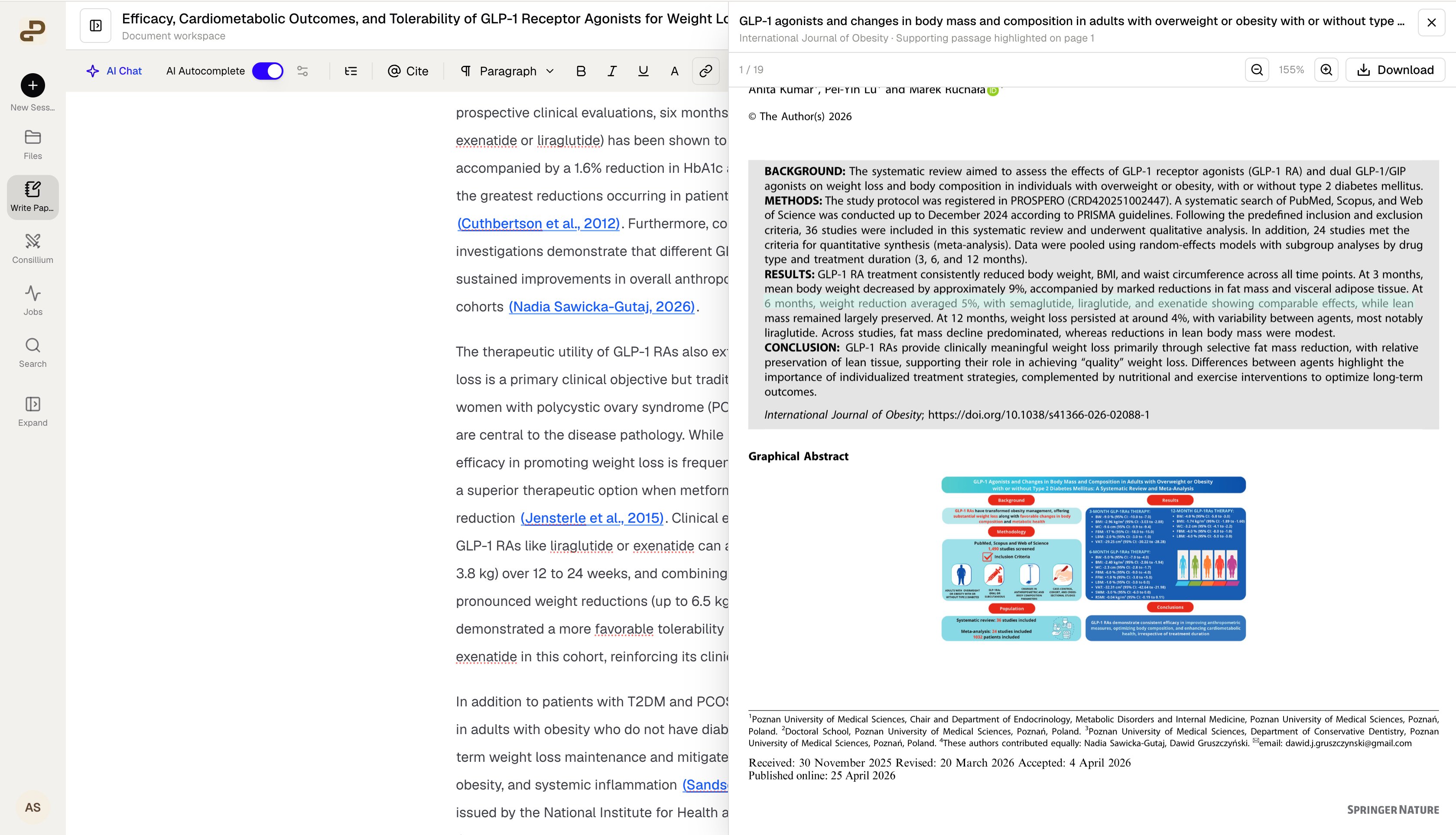 Paper Writer showing a manuscript beside a source PDF with the supporting passage highlighted