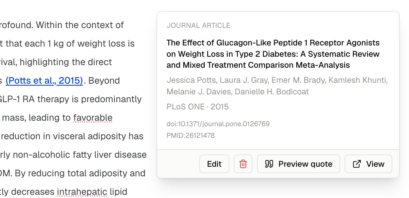 Citation source card with article metadata and controls to edit, preview the quote, or open the source