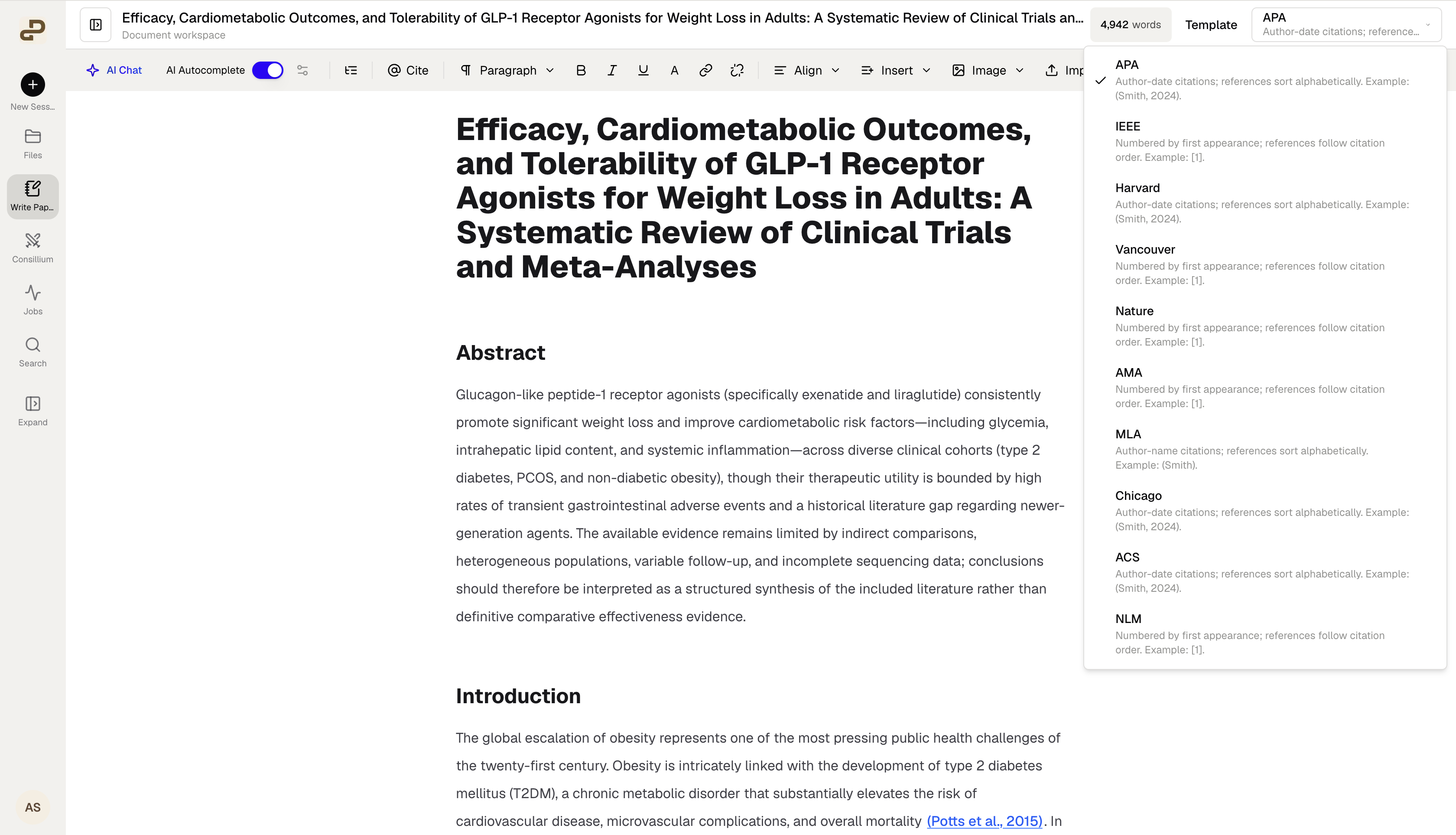 Paper Writer editor with the citation style menu open