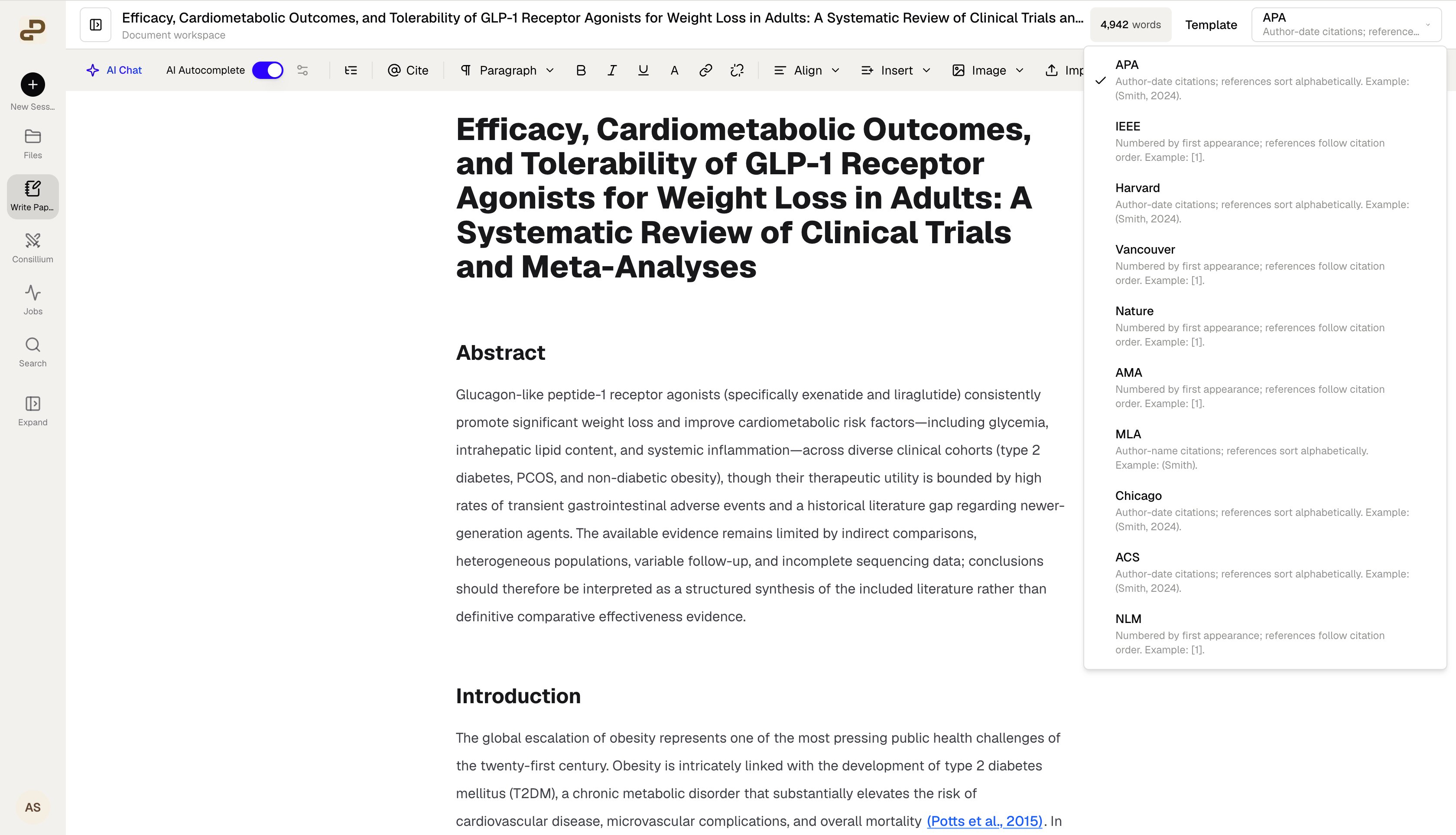 Paper Writer editor with the citation style menu open