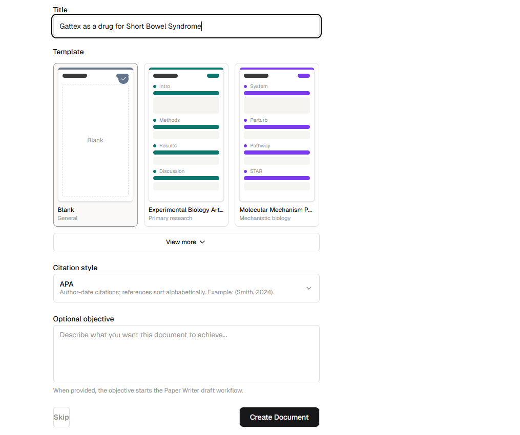 New Paper Writer document form with title, template, citation style, and objective fields