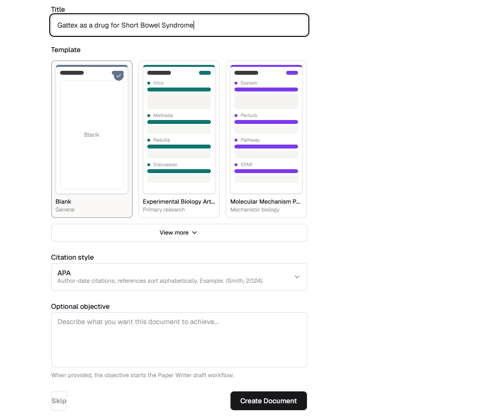 New Paper Writer document form with title, template, citation style, and objective fields