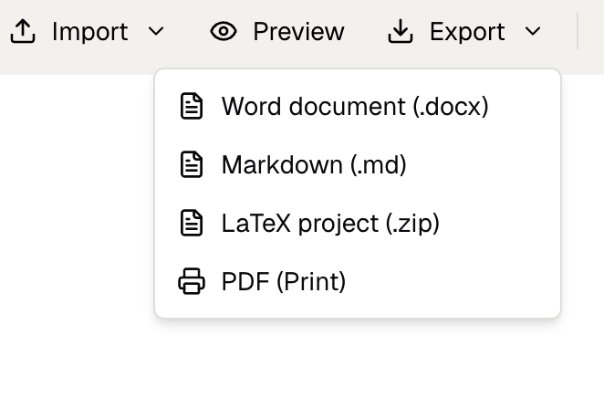 Paper Writer export menu with Word, Markdown, LaTeX, and PDF options