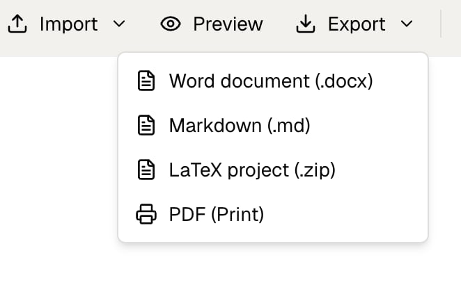 Paper Writer export menu with Word, Markdown, LaTeX, and PDF options
