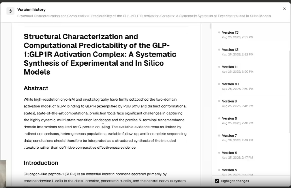 Paper Writer version history with a manuscript preview and a list of saved versions