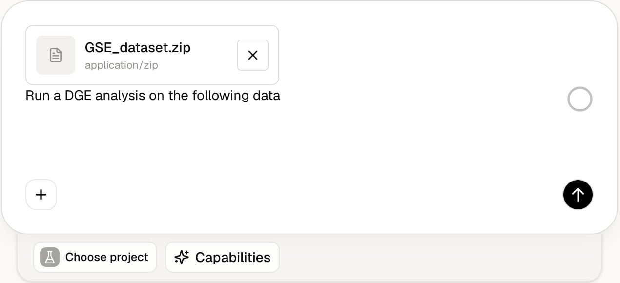 Purna composer with an uploaded GSE dataset archive and a differential gene expression request