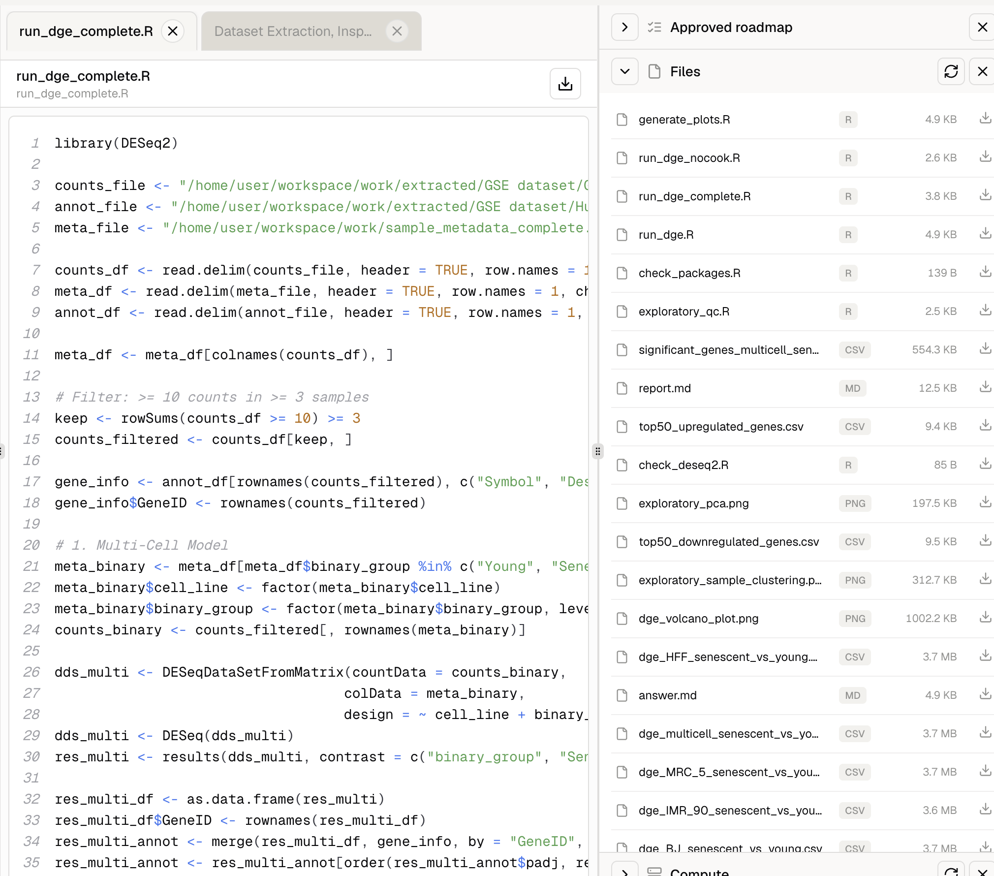 R differential expression script open beside generated scripts, CSV tables, Markdown reports, and PNG figures