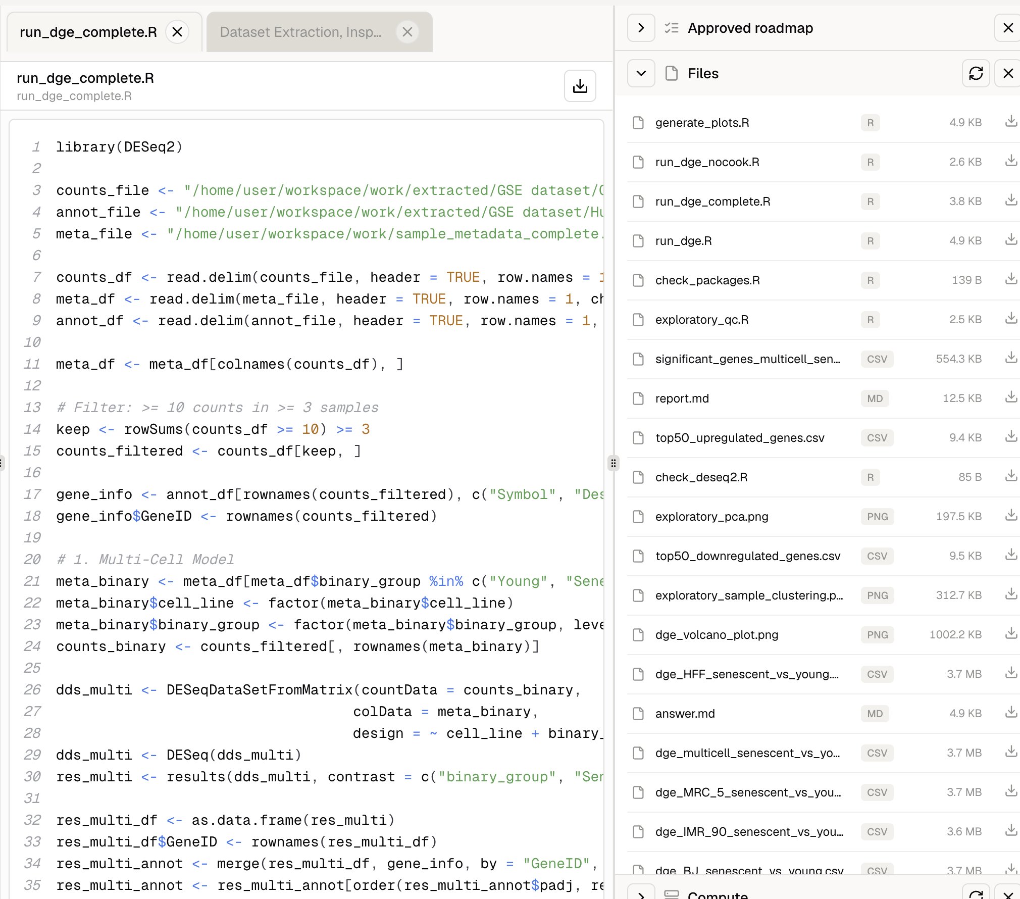R differential expression script open beside generated scripts, CSV tables, Markdown reports, and PNG figures
