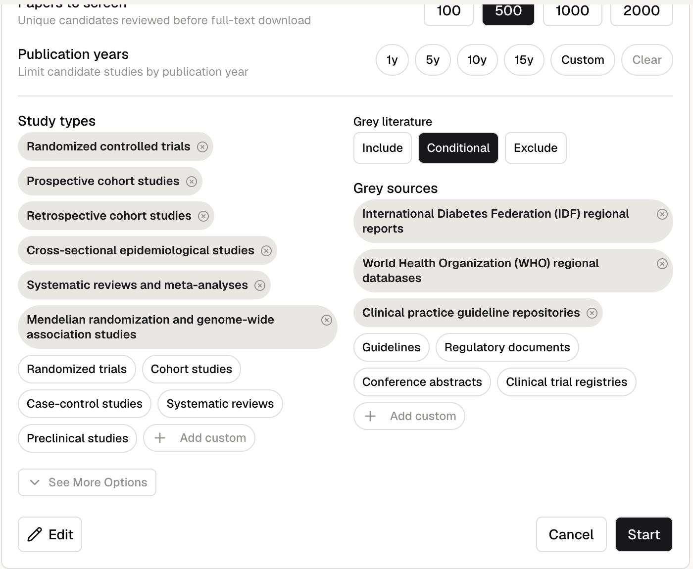 Deep Research controls for paper count, publication years, study types, and grey literature