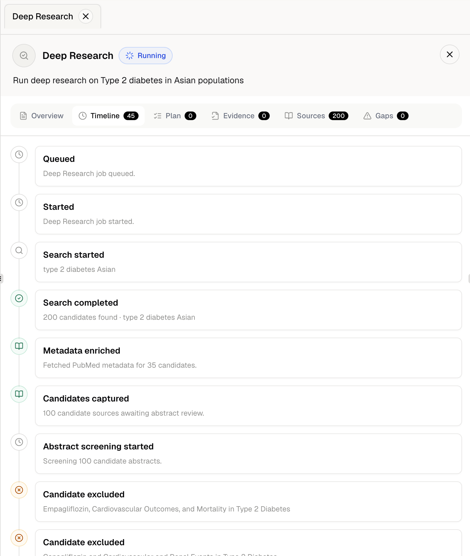 Deep Research Timeline showing live literature search and screening events