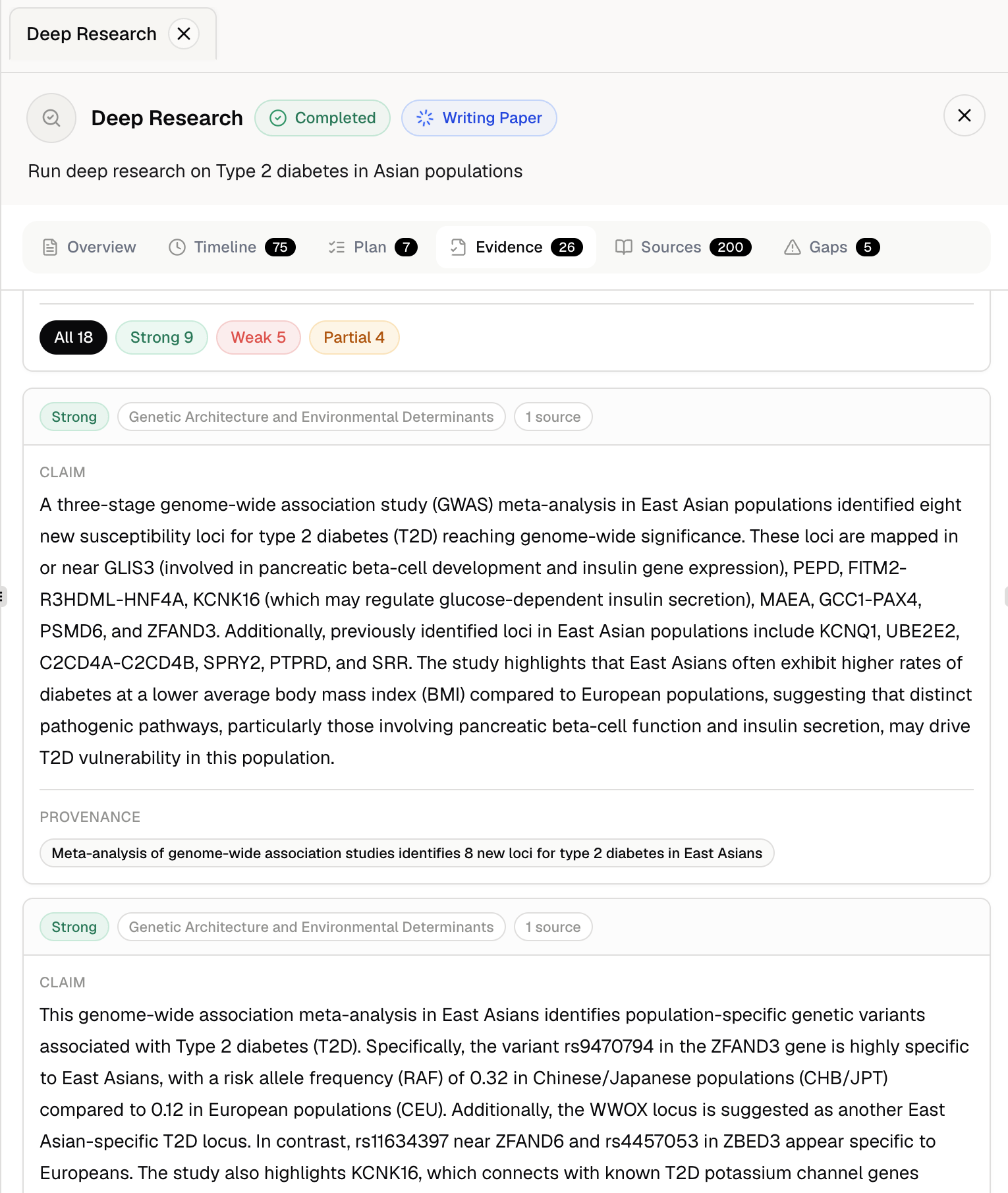 Deep Research Evidence view showing evidence strength, claims, and provenance