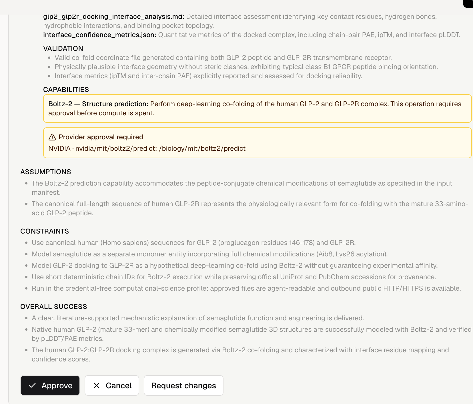 Plan Mode approval screen showing capabilities, assumptions, constraints, validation, and overall success criteria