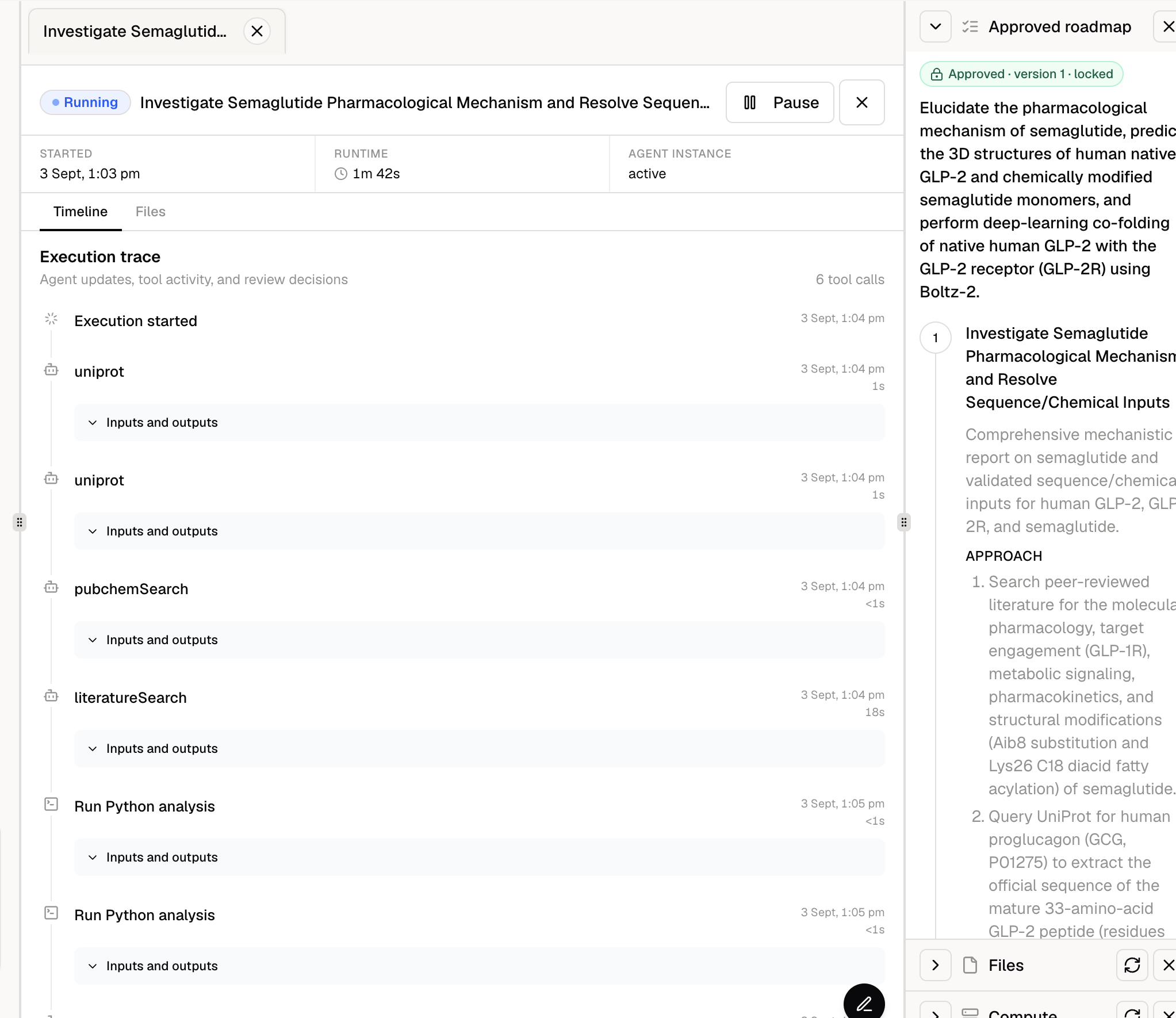 Plan Mode execution view showing a live timeline, tool calls, and the approved roadmap