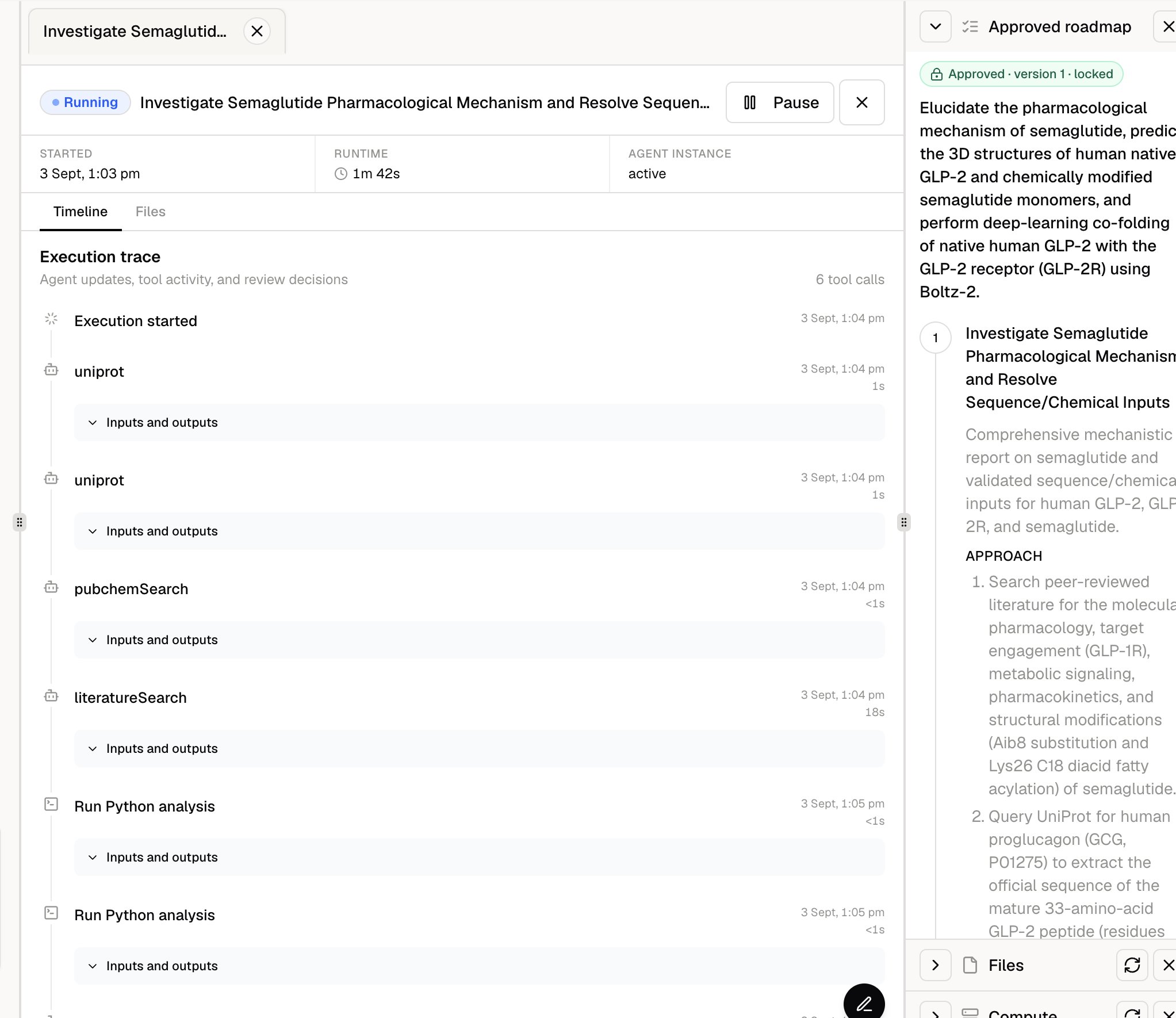 Plan Mode execution view showing a live timeline, tool calls, and the approved roadmap
