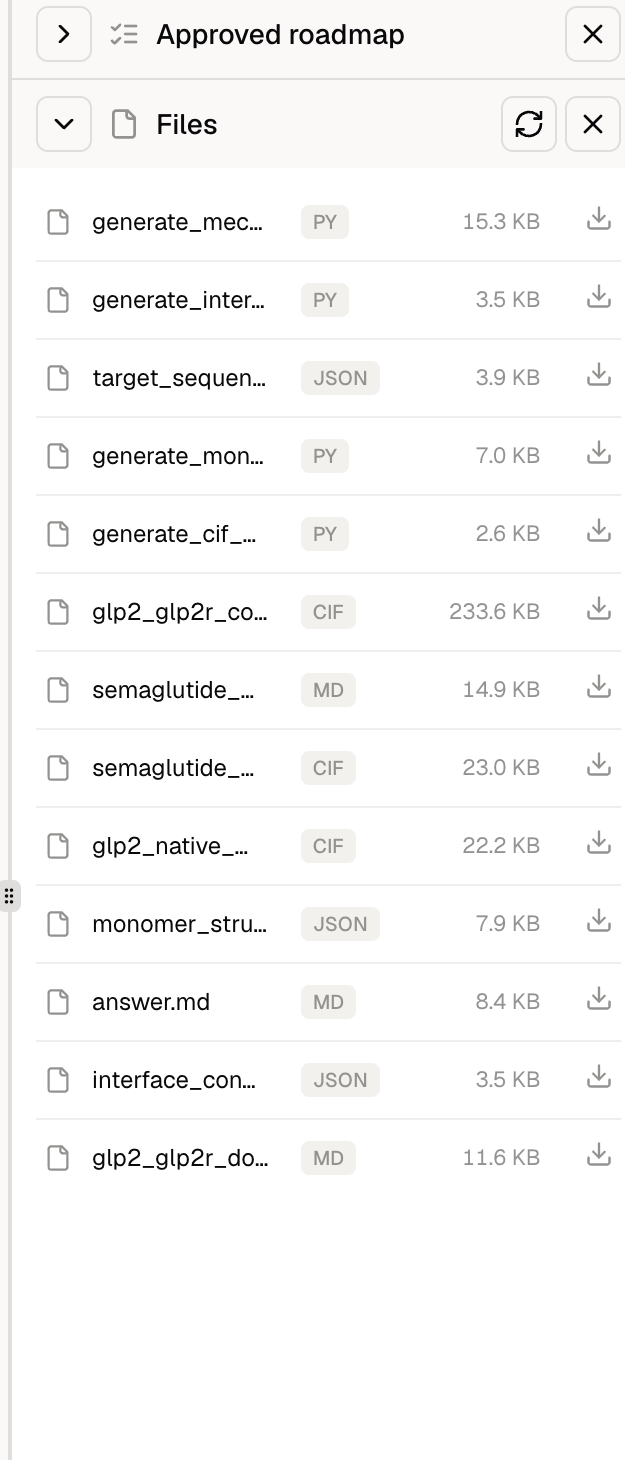 Files section showing generated Python, JSON, Markdown, CIF, and answer.md outputs