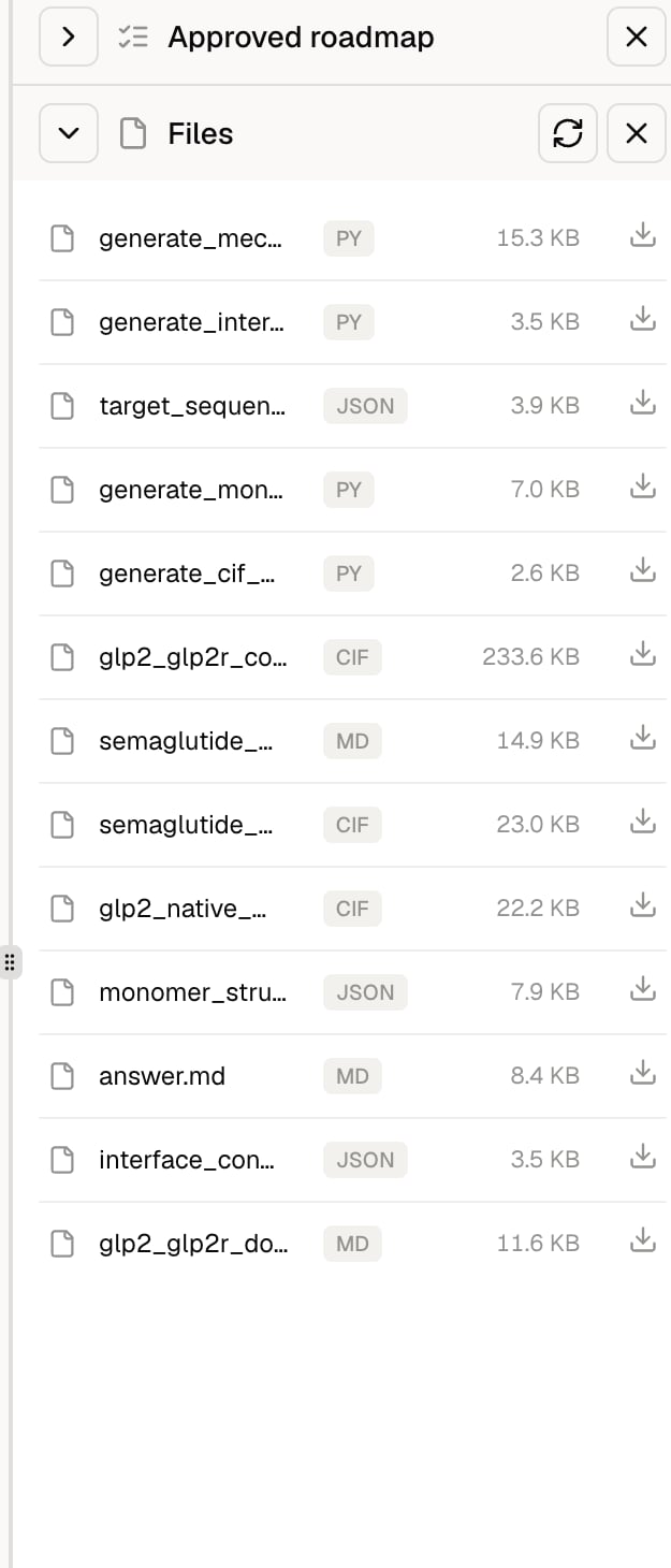 Files section showing generated Python, JSON, Markdown, CIF, and answer.md outputs