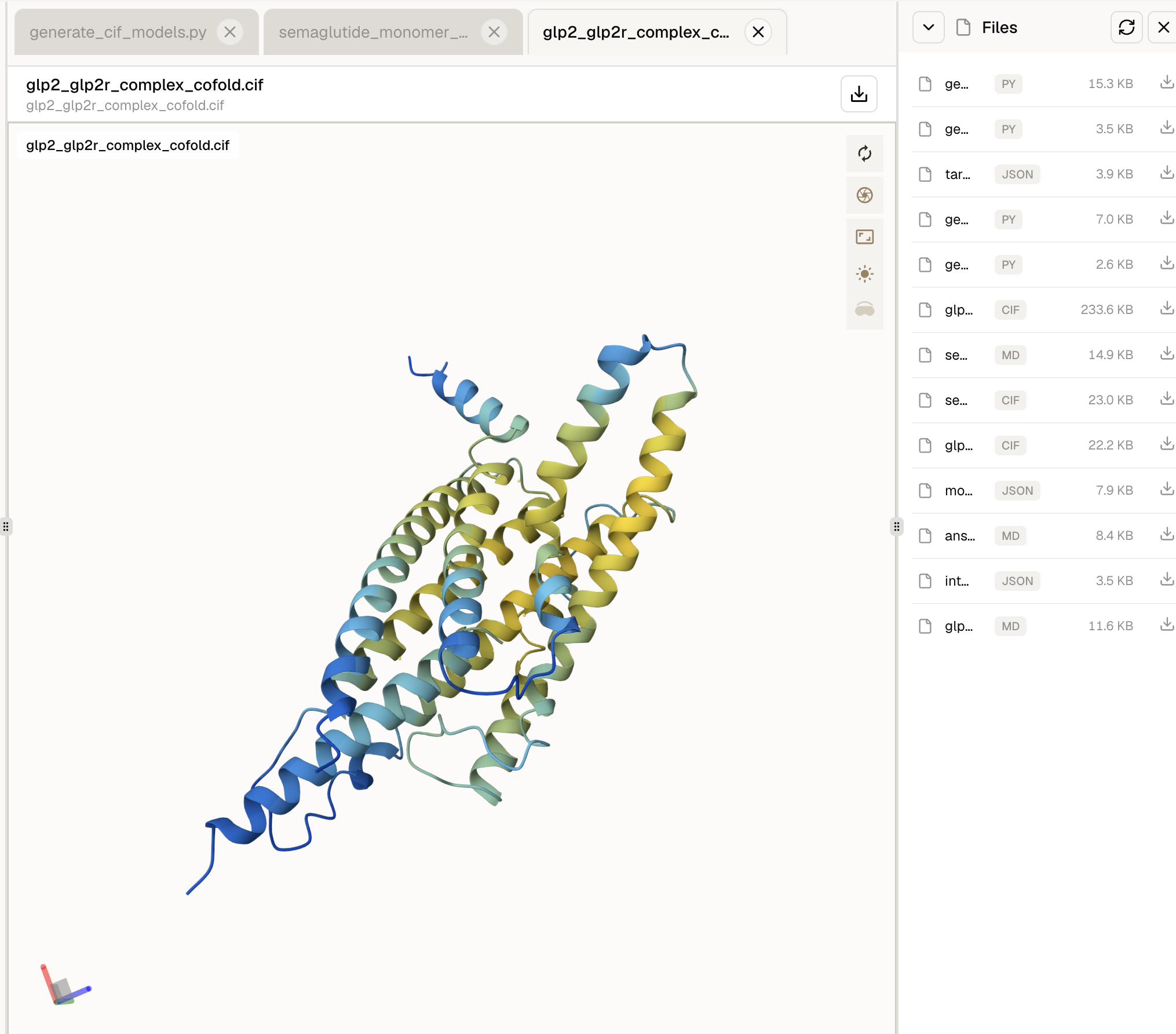 Generated GLP-2 and GLP-2R complex displayed in the molecular structure viewer