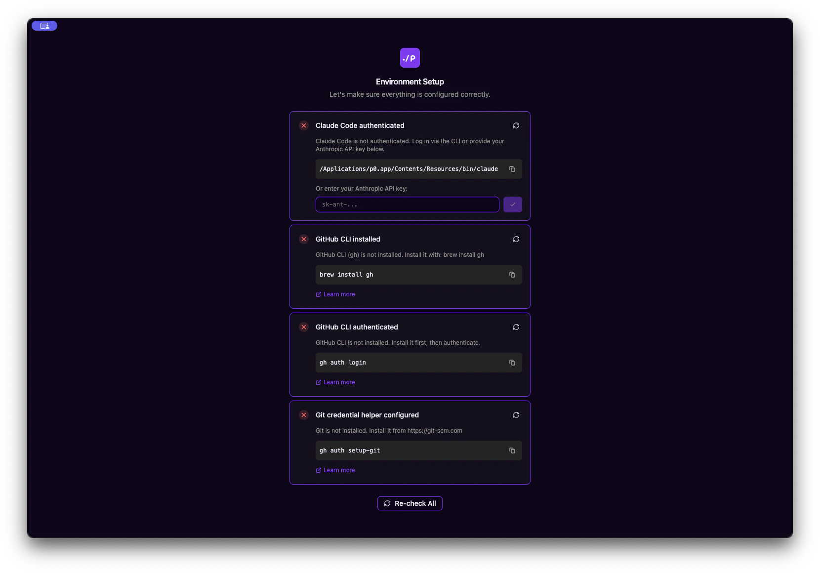 p0 environment setup screen showing four configuration checks