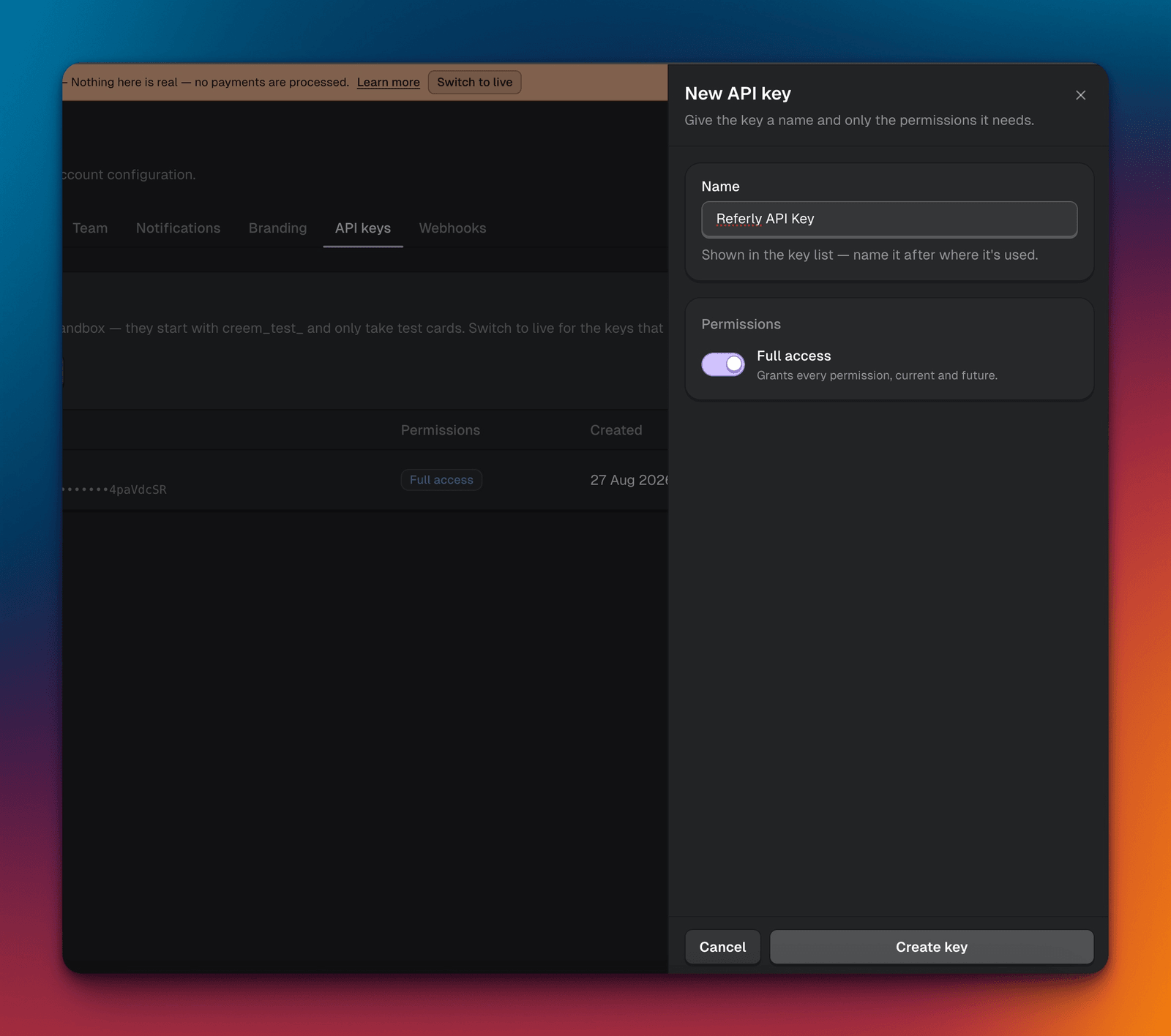 Creem's New API key dialog, naming the key and granting its permissions