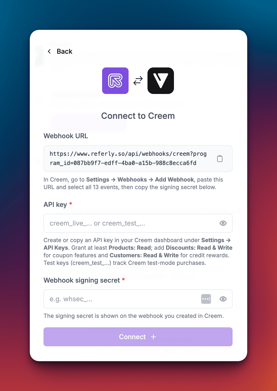Referly's Creem connect dialog with the webhook URL, an API key field and a webhook signing secret field