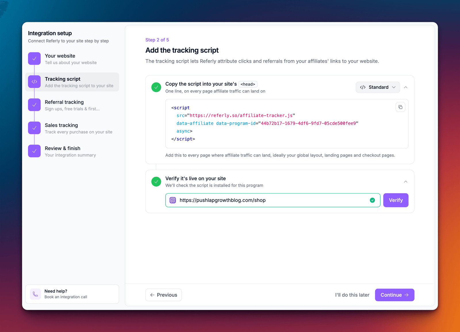 Referly's tracking script panel with the copyable script snippet