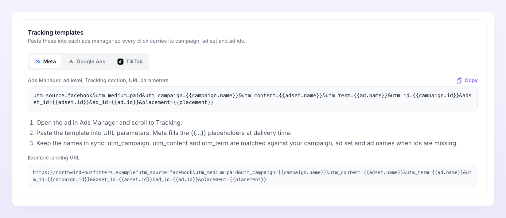 Tracking templates card with the Meta, Google Ads and TikTok tabs, the template to paste, where to paste it, and an example landing URL