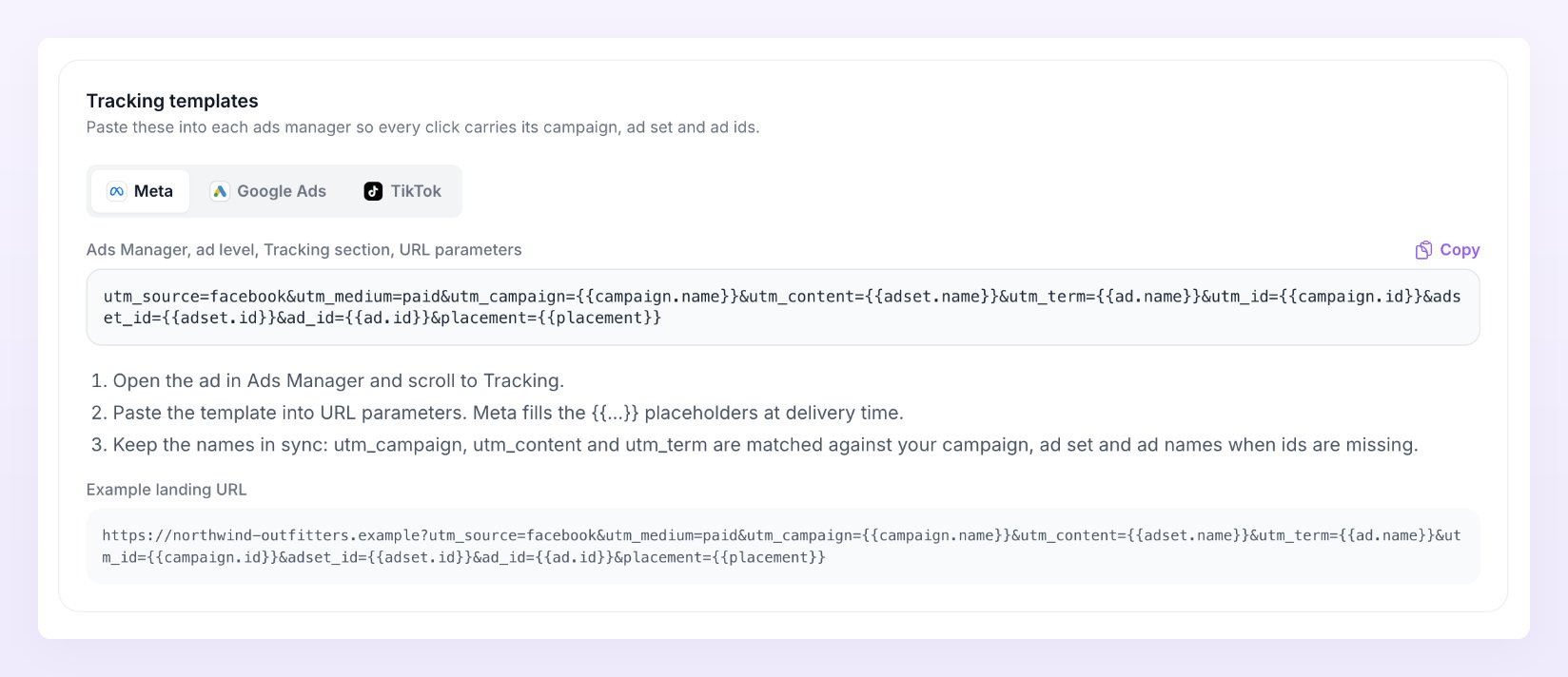 Tracking templates card with the Meta, Google Ads and TikTok tabs, the template to paste, where to paste it, and an example landing URL