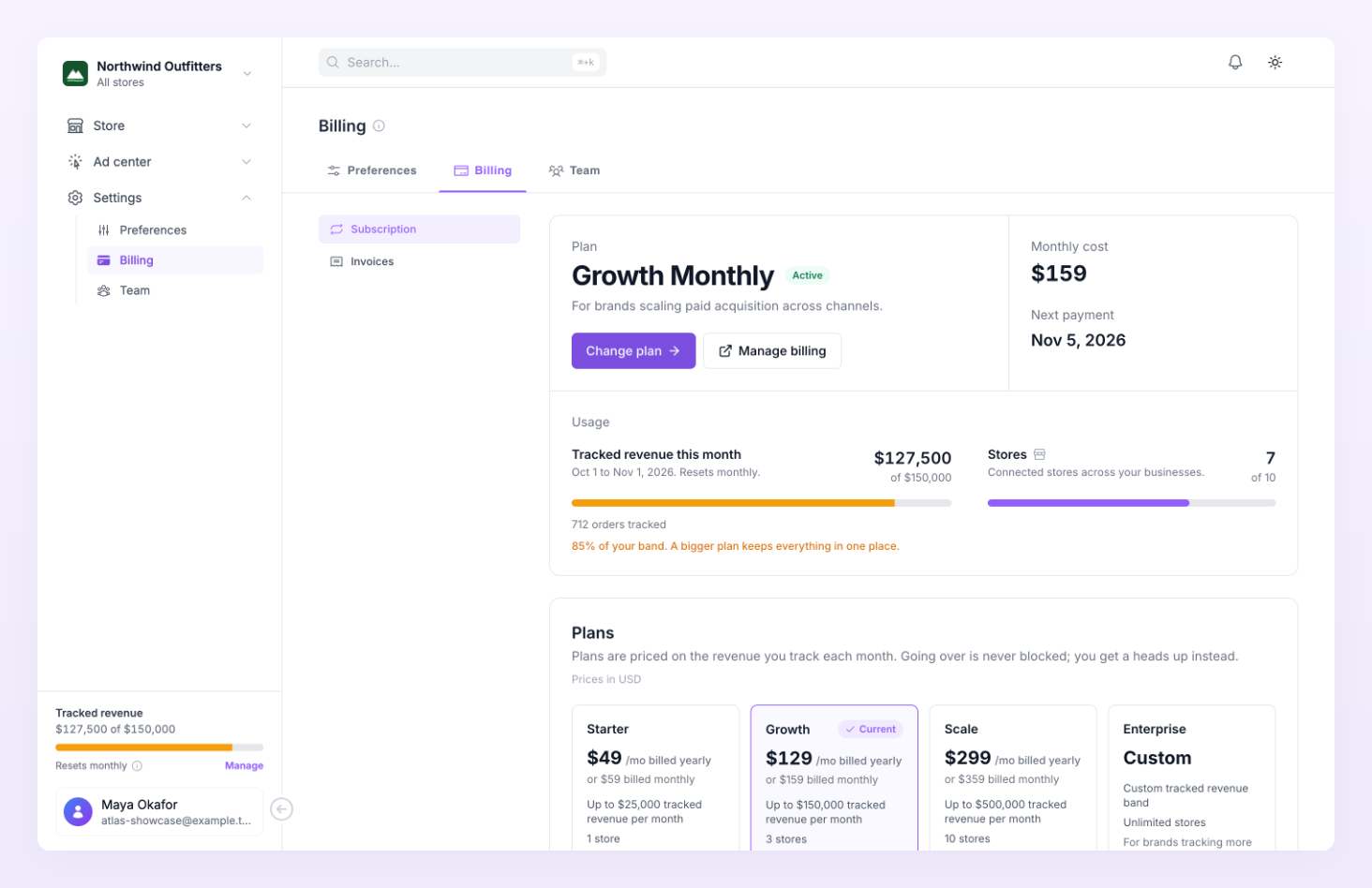 Billing subscription page of an active Growth plan