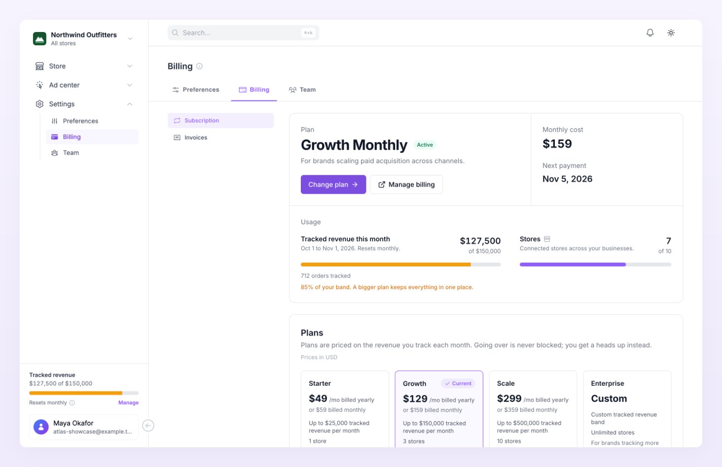 Billing subscription page of an active Growth plan