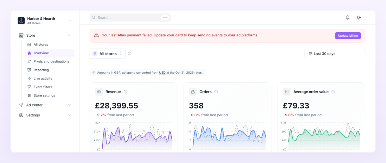 Overview of a past-due account with the payment failed banner