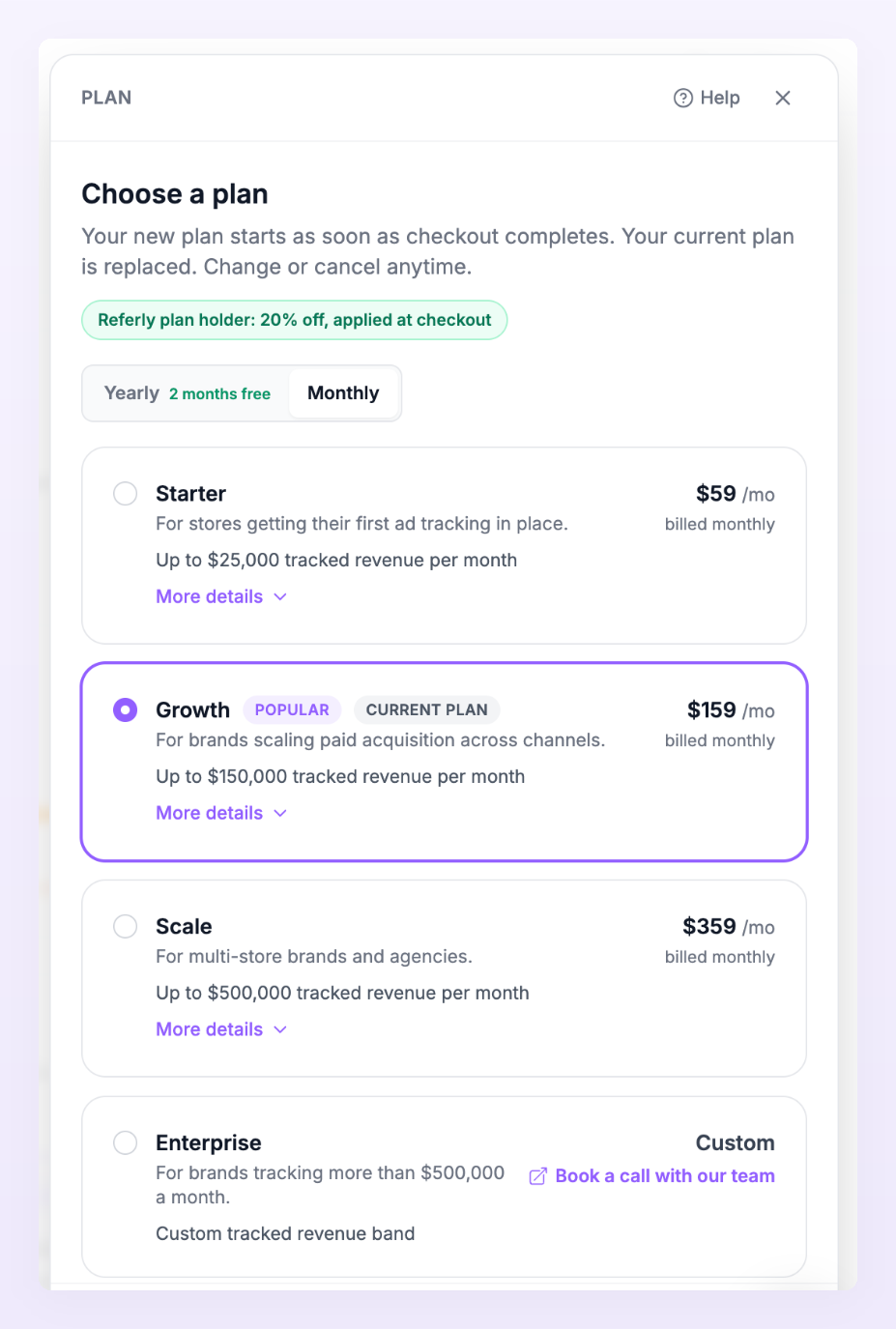 Choose a plan sheet with the yearly and monthly toggle and the plan cards