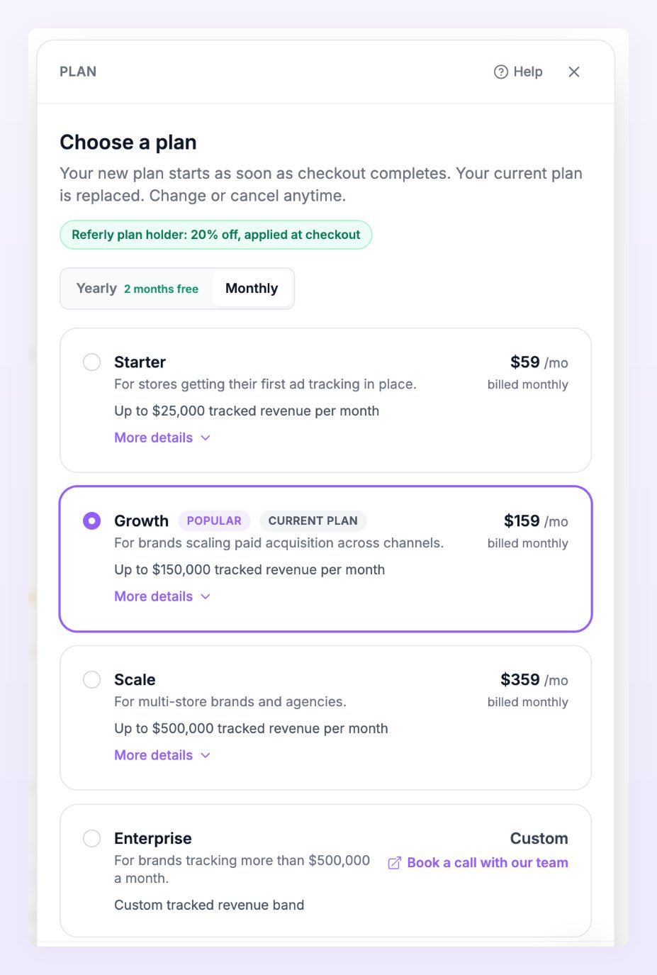 Choose a plan sheet with the yearly and monthly toggle and the plan cards