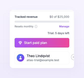 Sidebar of a trialing account with Trial: 5 days left and Start paid plan