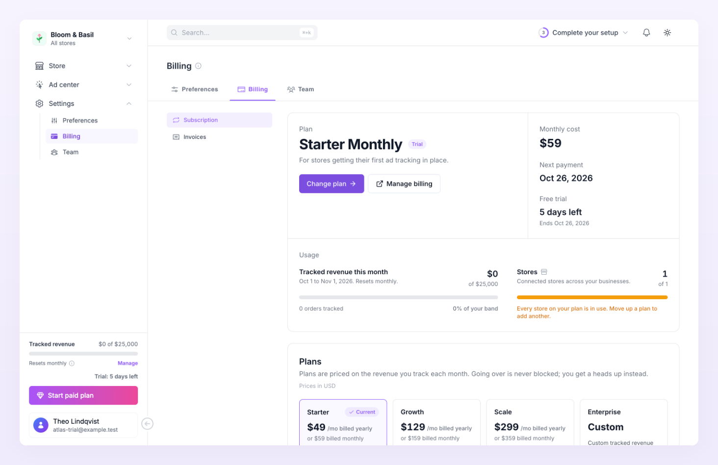 Billing page of a trialing account showing Starter Monthly with the Trial pill and the days left