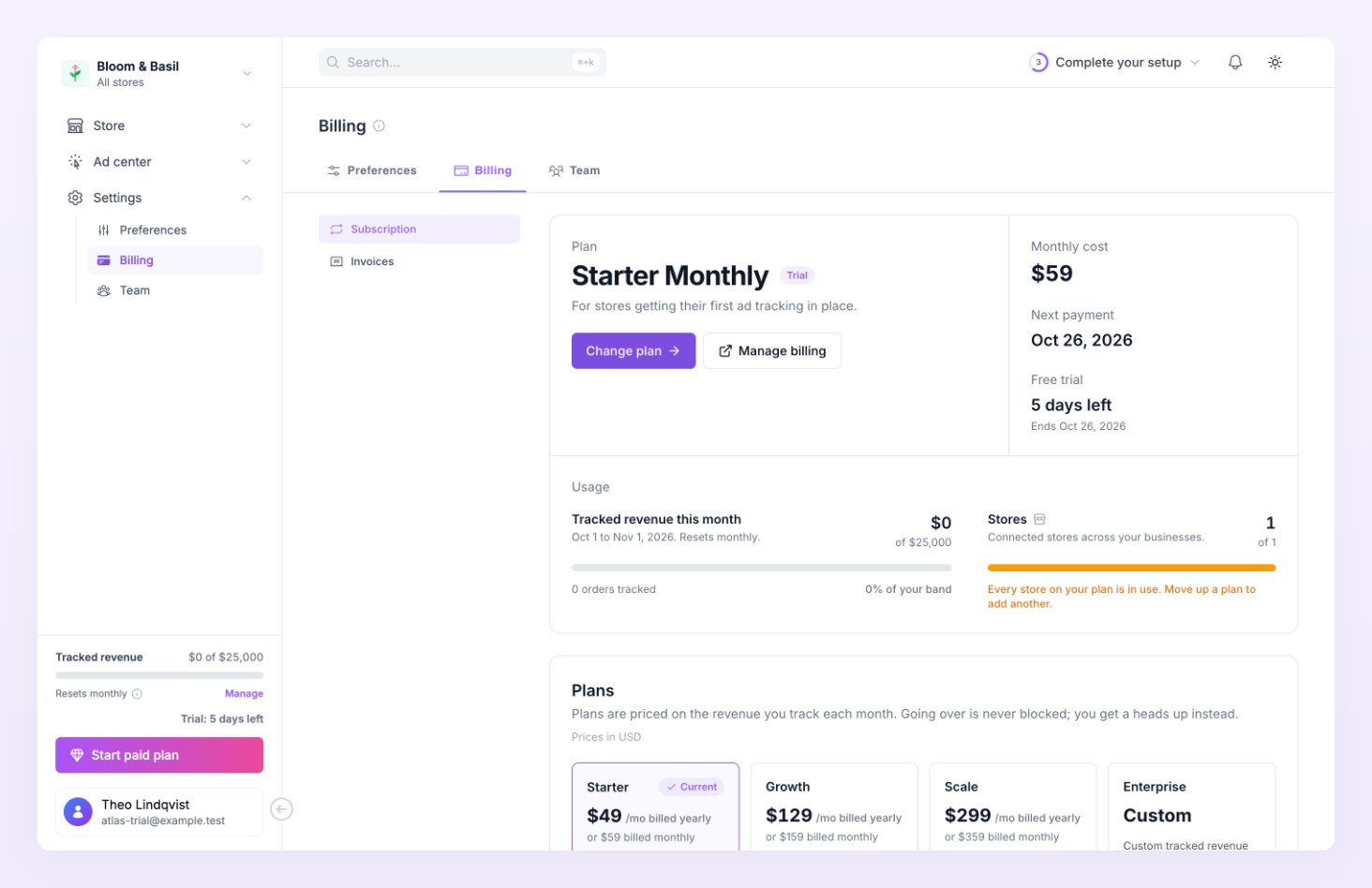 Billing page of a trialing account showing Starter Monthly with the Trial pill and the days left