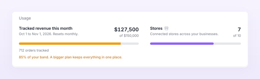 Usage section with the tracked revenue meter at 85% of the band