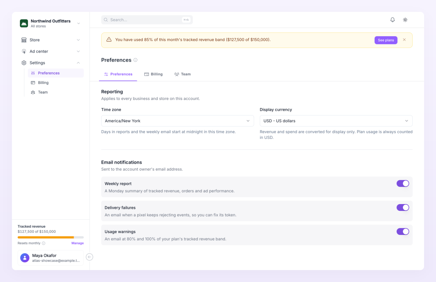 Preferences page