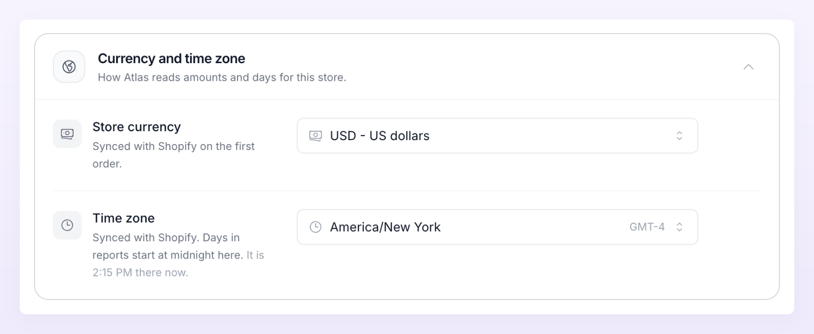 Currency and time zone section