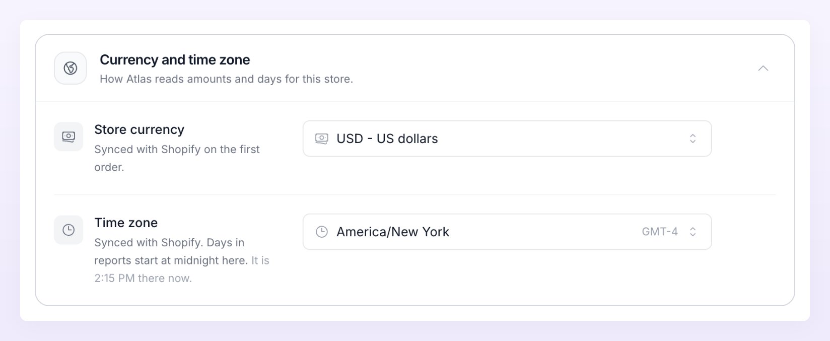 Currency and time zone section