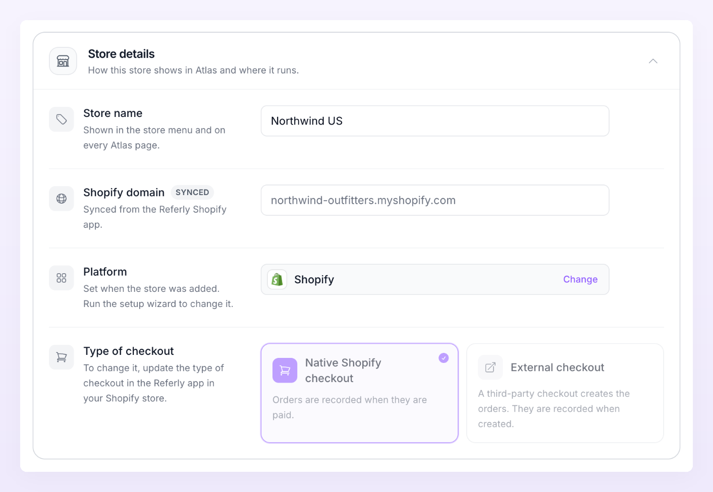 Store details section with Store name, Shopify domain, Platform and the Type of checkout choice between Native Shopify checkout and External checkout