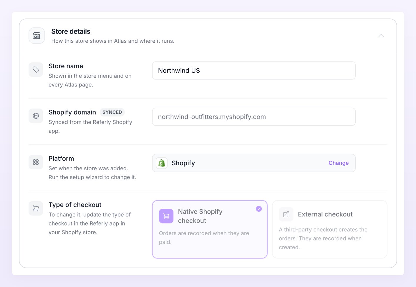 Store details section with Store name, Shopify domain, Platform and the Type of checkout choice between Native Shopify checkout and External checkout