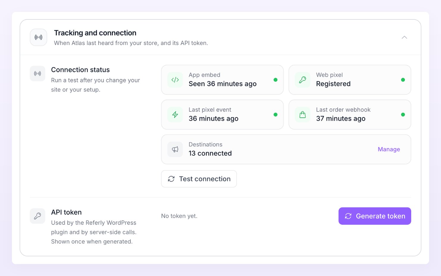 Tracking and connection section with the connection status tiles, the Test connection button and the API token row