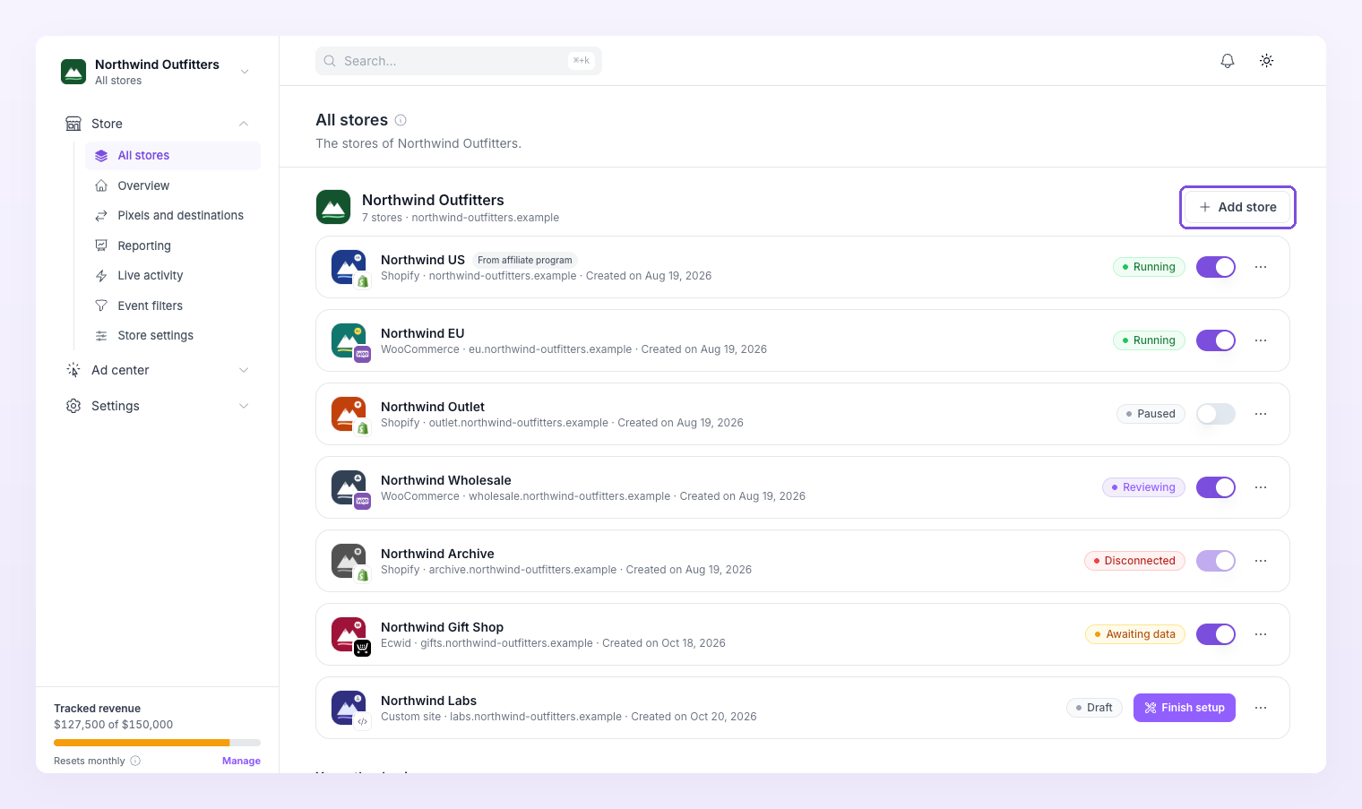 All stores page with the Add store button highlighted