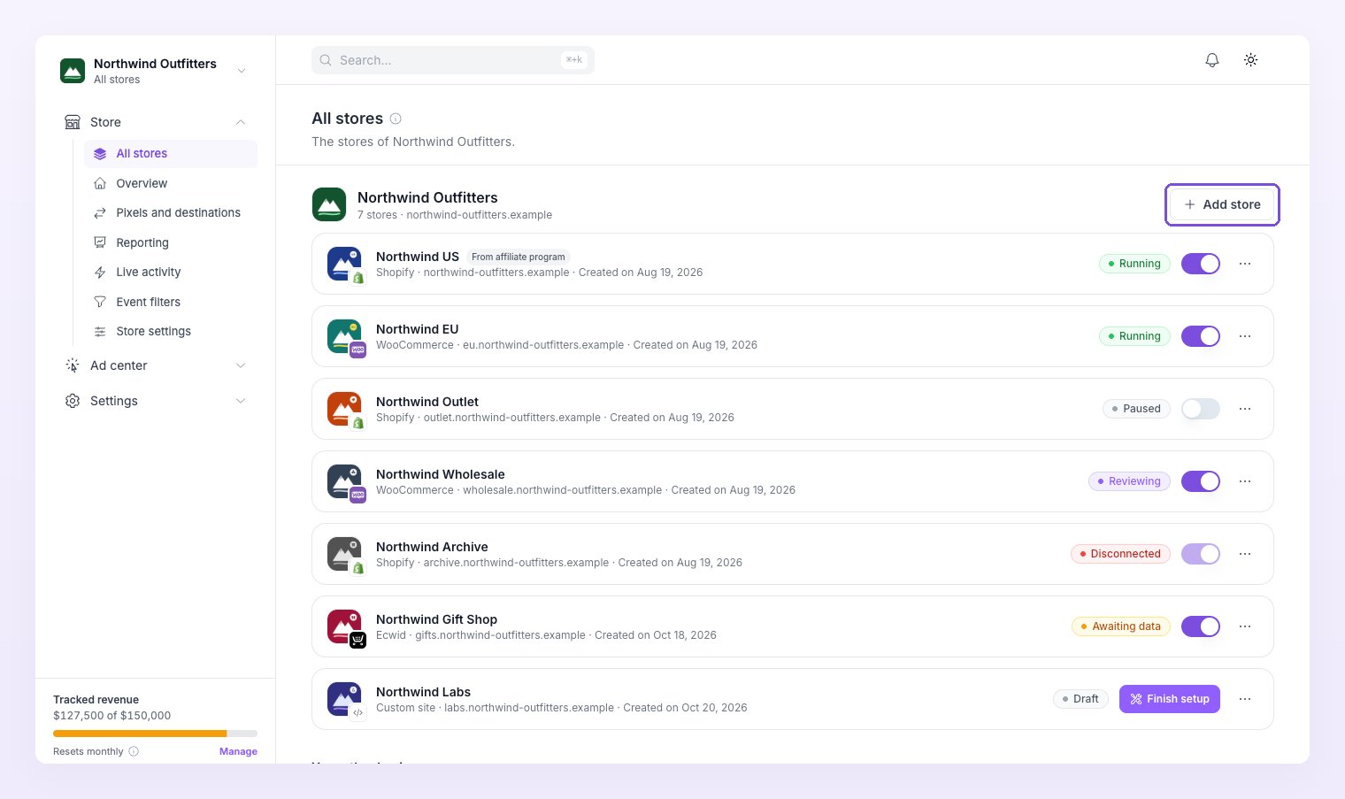 All stores page with the Add store button highlighted
